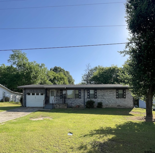 105 Walker Dr, Naples, TX 75568 - ranch-style home featuring concrete driveway, brick siding, a front lawn, and an attached garage
