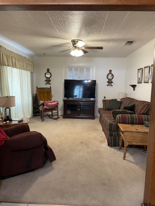105 Walker Dr, Naples, TX 75568 - carpeted living area with ceiling fan and visible vents