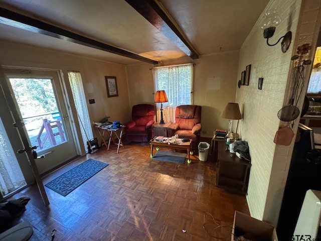 interior space with beamed ceiling and dark parquet floors