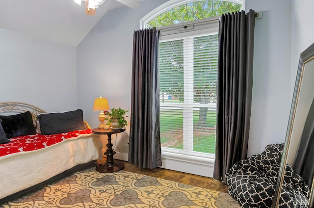 bedroom with ceiling fan and vaulted ceiling