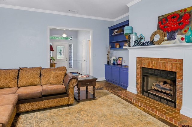 living room with a fireplace and ornamental molding