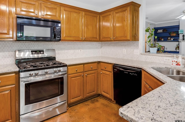 kitchen with decorative backsplash, light stone countertops, ceiling fan, and black appliances