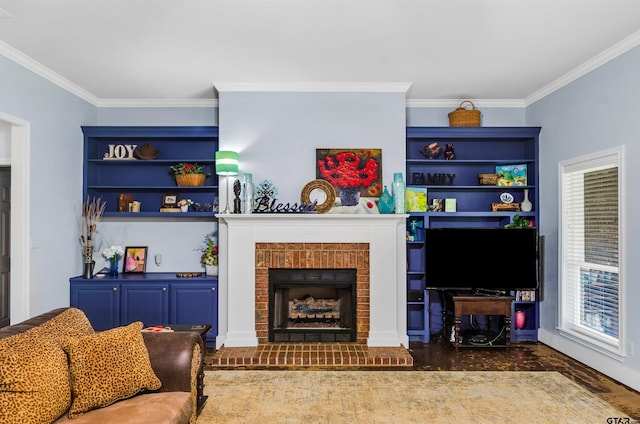 living room featuring dark hardwood / wood-style flooring, ornamental molding, and a fireplace