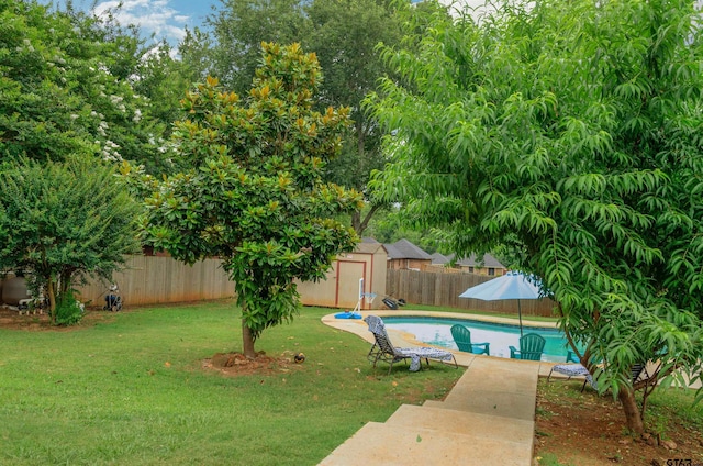 view of yard featuring a fenced in pool and a storage shed