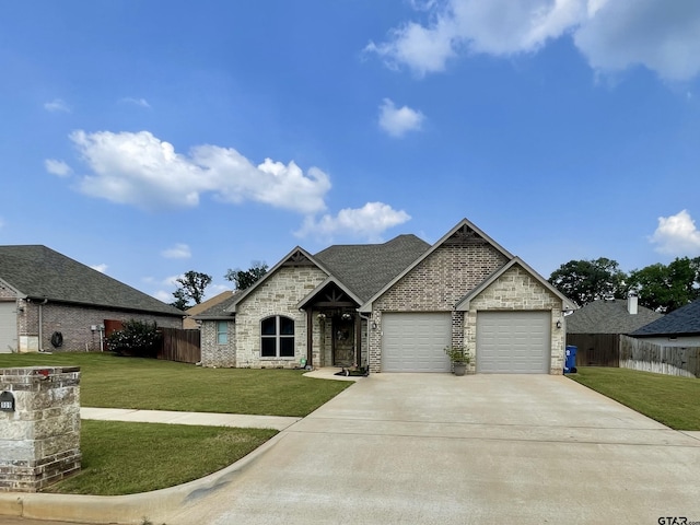 909 Charlie, Whitehouse, TX 75791 - view of front of house with an attached garage, driveway, a shingled roof, stone siding, and brick siding