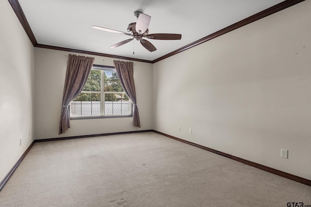 carpeted empty room featuring ceiling fan and ornamental molding