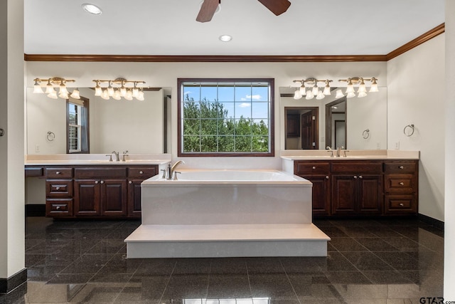 bathroom with ornamental molding, a tub, vanity, and ceiling fan