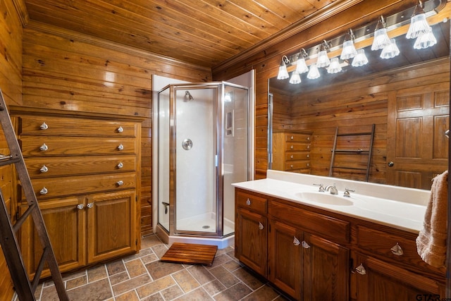 bathroom featuring vanity, wood ceiling, wooden walls, and walk in shower