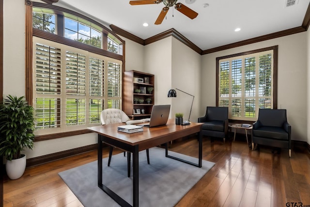 office space with crown molding, ceiling fan, and wood-type flooring