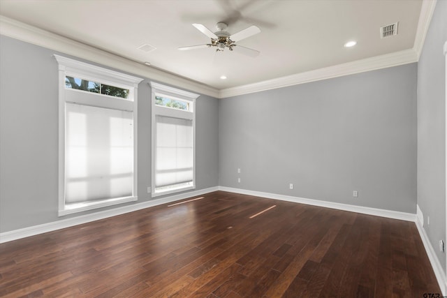 unfurnished room featuring crown molding, dark hardwood / wood-style flooring, and ceiling fan