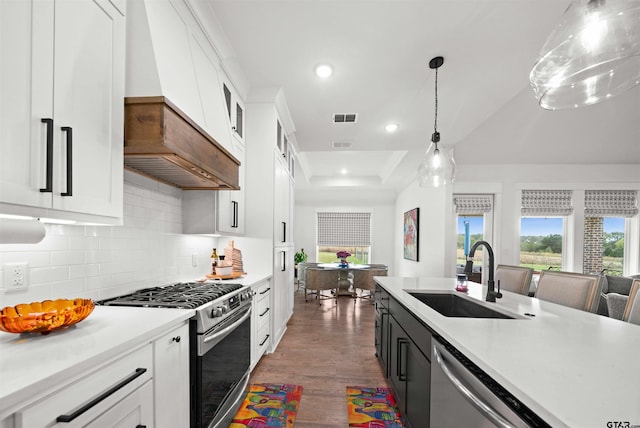 kitchen with white cabinetry, custom range hood, and appliances with stainless steel finishes