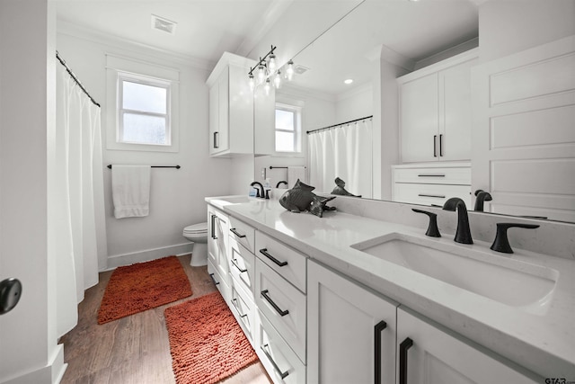 bathroom with a wealth of natural light, vanity, crown molding, and hardwood / wood-style flooring