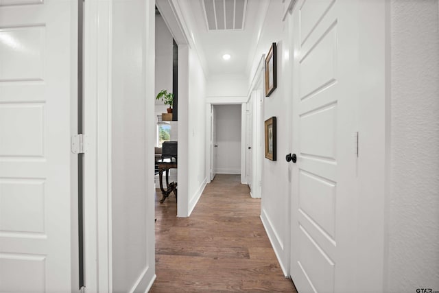 corridor featuring dark wood-type flooring