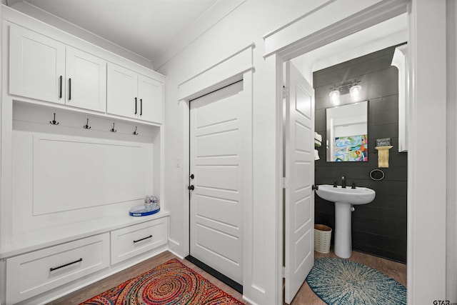 mudroom with dark hardwood / wood-style floors and sink