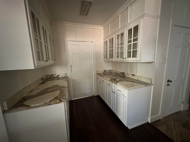 kitchen featuring white cabinetry, light stone counters, and dark hardwood / wood-style floors