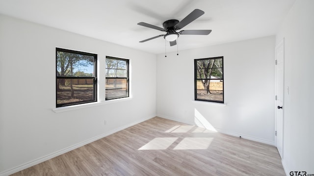 unfurnished room with light hardwood / wood-style flooring, plenty of natural light, and ceiling fan