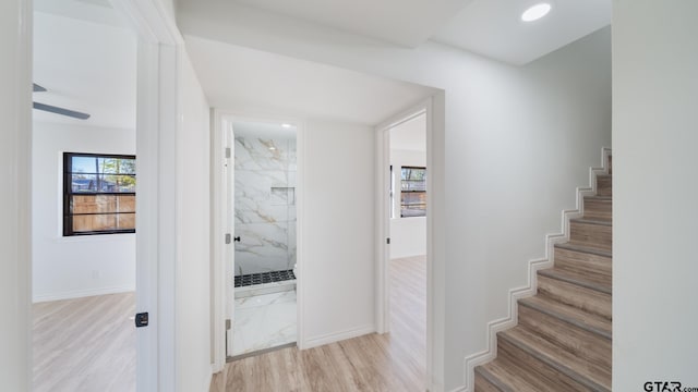 hall featuring plenty of natural light and light hardwood / wood-style floors