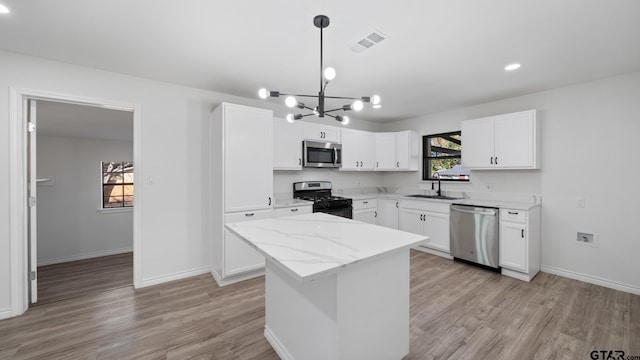 kitchen featuring white cabinets, a center island, sink, and stainless steel appliances