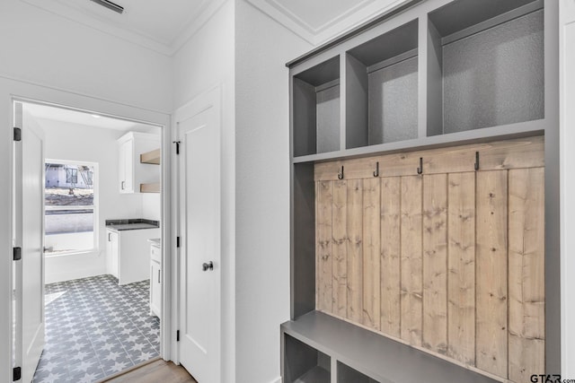 mudroom featuring crown molding