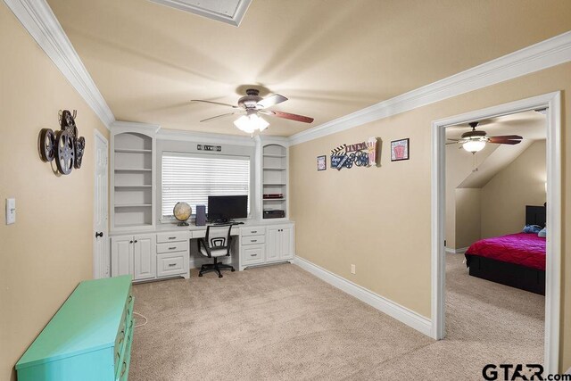 803 Marquette Ln, Tyler, TX 75703 - office area with light colored carpet, ceiling fan, crown molding, and baseboards