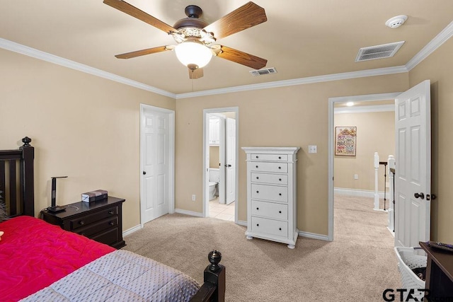 803 Marquette Ln, Tyler, TX 75703 - bedroom with ornamental molding, light colored carpet, baseboards, a ceiling fan, and ensuite bathroom