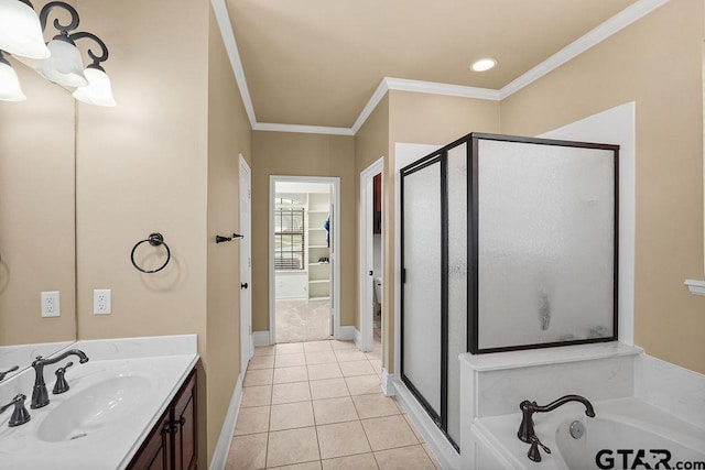 803 Marquette Ln, Tyler, TX 75703 - full bath featuring a stall shower, tile patterned flooring, crown molding, vanity, and a garden tub