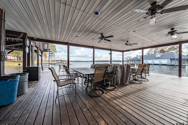 17726 Southpoint Rd, Whitehouse, TX 75791 - wooden deck with a ceiling fan, a water view, and outdoor dining area