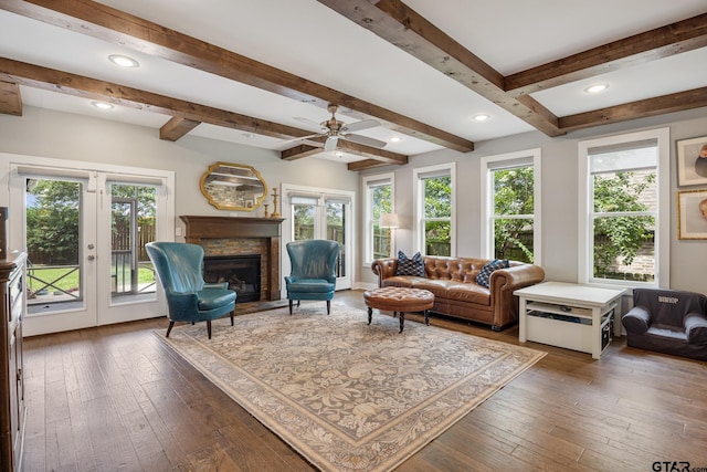 759 Hampton Hill Hill, Tyler, TX 75703 - living room with a fireplace, beamed ceiling, hardwood / wood-style floors, a ceiling fan, and recessed lighting