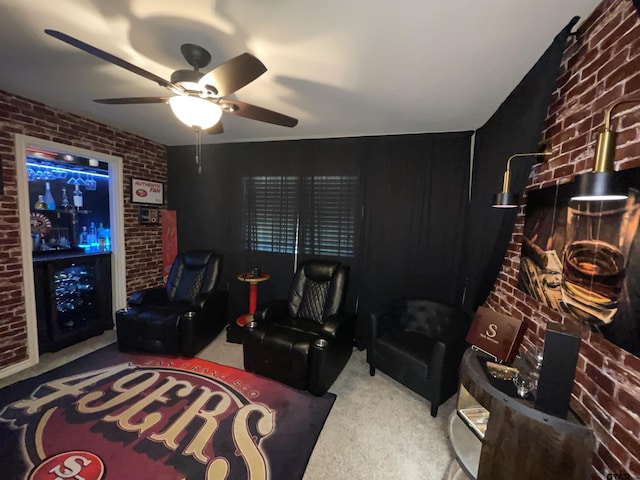 214 Rosebrook Cir, Whitehouse, TX 75791 - carpeted living room featuring brick wall and ceiling fan