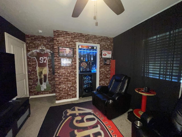 214 Rosebrook Cir, Whitehouse, TX 75791 - living area with brick wall, carpet floors, and a ceiling fan