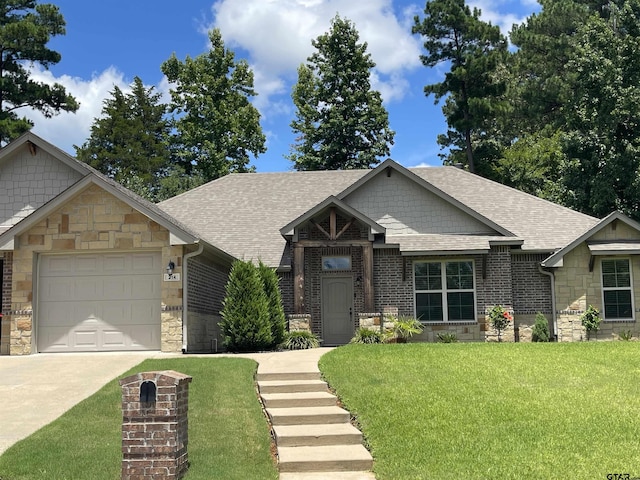 214 Rosebrook Cir, Whitehouse, TX 75791 - view of front of property featuring stone siding, a shingled roof, driveway, and a front lawn