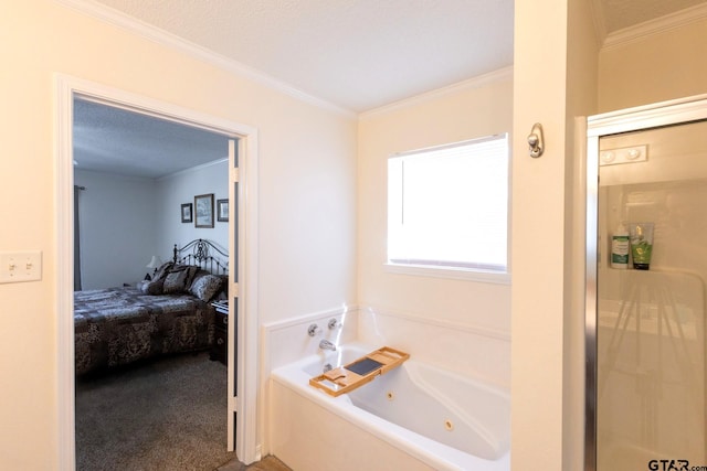 2505 W Gay Ave, Gladewater, TX 75647 - bathroom with ensuite bath, crown molding, and a whirlpool tub