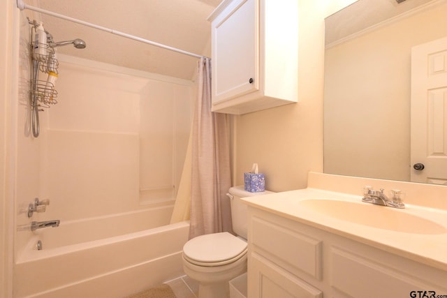 2505 W Gay Ave, Gladewater, TX 75647 - full bathroom featuring toilet, shower / bath combo with shower curtain, vanity, and tile patterned floors
