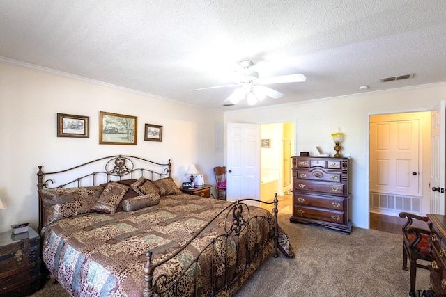 2505 W Gay Ave, Gladewater, TX 75647 - bedroom featuring crown molding, carpet floors, a textured ceiling, and ceiling fan