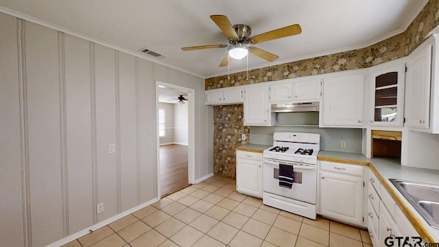 kitchen with visible vents, a ceiling fan, under cabinet range hood, a sink, and gas range gas stove