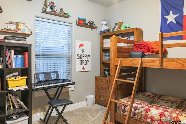 bedroom with light carpet