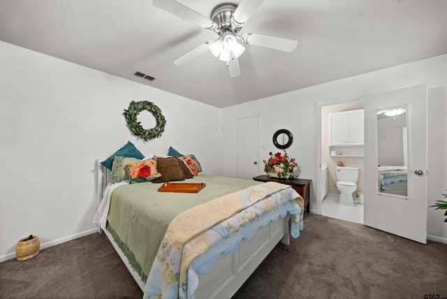 carpeted bedroom featuring ceiling fan and connected bathroom