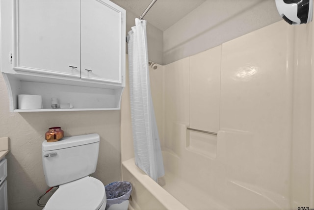 full bathroom featuring vanity, shower / bath combination with curtain, and toilet