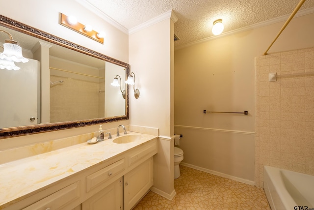 bathroom with a textured ceiling, baseboards, toilet, and crown molding