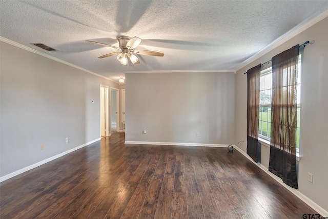 empty room featuring ceiling fan, dark hardwood / wood-style flooring, ornamental molding, and a textured ceiling