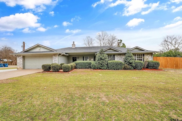 ranch-style home with a front lawn, driveway, fence, an attached garage, and a chimney