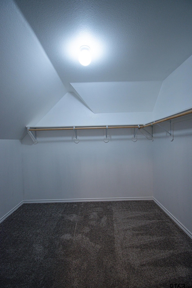 walk in closet featuring dark colored carpet and vaulted ceiling