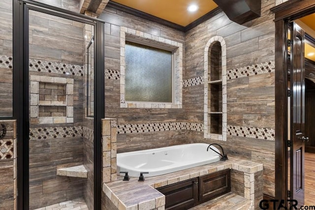 bathroom featuring hardwood / wood-style floors and plus walk in shower