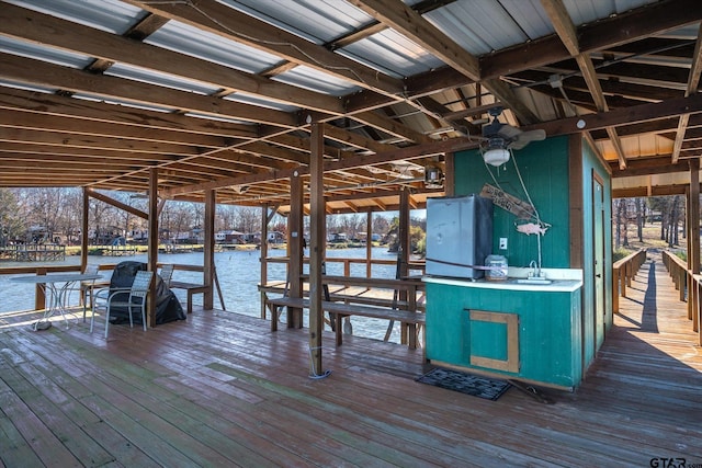 view of dock with a sink and a water view