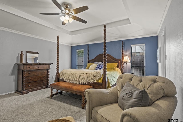 carpeted bedroom with ceiling fan, crown molding, and a tray ceiling