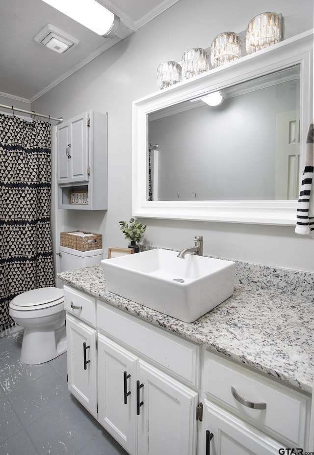 full bathroom with toilet, curtained shower, tile patterned floors, vanity, and crown molding