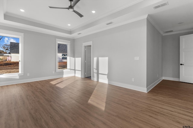 interior space with dark wood-type flooring, crown molding, and a raised ceiling