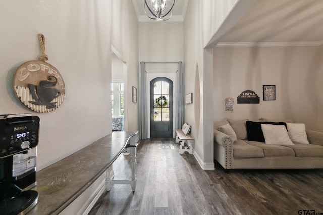 261 Heritage Way, Bullard, TX 75757 - foyer entrance with dark wood-type flooring, crown molding, a chandelier, and baseboards