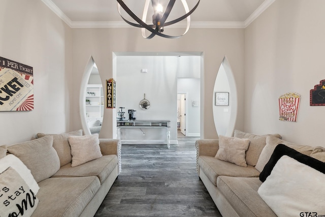261 Heritage Way, Bullard, TX 75757 - living area featuring a chandelier, crown molding, dark wood finished floors, and baseboards