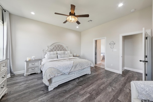 261 Heritage Way, Bullard, TX 75757 - bedroom featuring dark wood-type flooring, recessed lighting, baseboards, ceiling fan, and ensuite bath